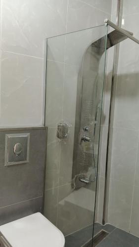 a shower with a glass door next to a toilet at انوار عمان - Anwar Amman Hotel in Amman