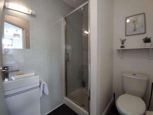 a bathroom with a shower and a toilet and a sink at Central Stay Blackpool in Blackpool