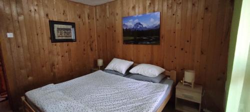 a bedroom with a bed in a wooden wall at ApartmanMN in Žabljak