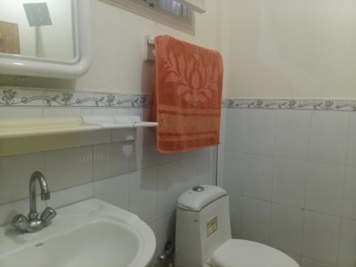 a bathroom with a toilet and a sink and a towel at Ibrahim lodge restaurant in Astor