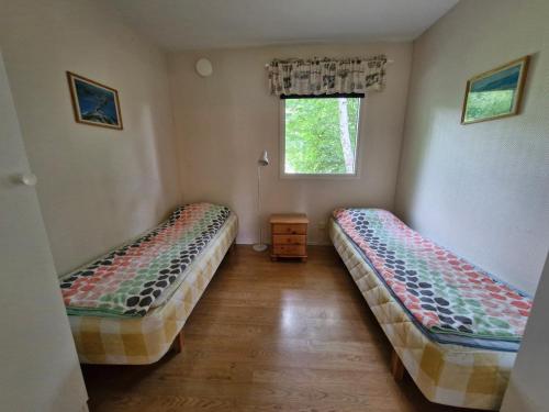 zwei Betten in einem Zimmer mit Fenster in der Unterkunft Utkiken in Eckerö