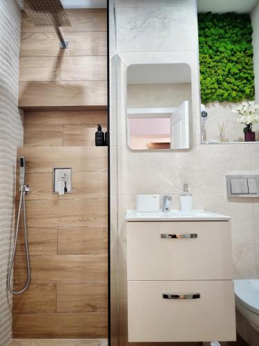 a bathroom with a sink and a mirror at Verso Studio in Curtea de Argeş