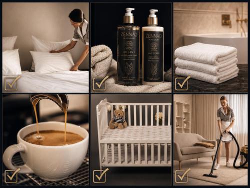 a collage of pictures of a room with a bed and towels at La Petite Paroisse Classé 3 étoiles Elégant & Proche Marché in Versailles