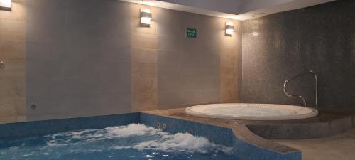 a bathroom with a large tub with water in it at Triventi Apartament Rajski in Karpacz