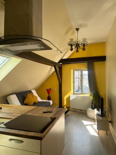 a living room with yellow walls and a ceiling at Le Cosy Strasbourg calme et confortable avec parking gratuit, 10 mn du Parlement Européen et du Wacken de 1 à 24 voyageurs in Schiltigheim