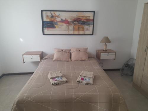 a bedroom with a bed with two pillows on it at Complejo Vélez Sarsfield 185 in Bell Ville