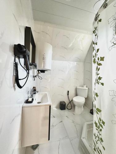 a white bathroom with a sink and a toilet at Kaniore Cottage in Martvili