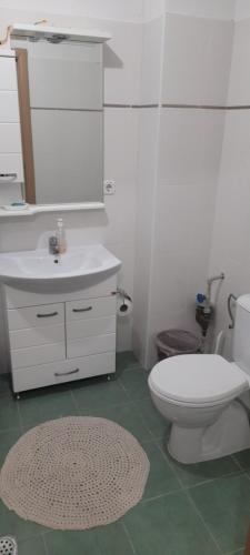 a white bathroom with a toilet and a sink at Apartment LUX in Struga