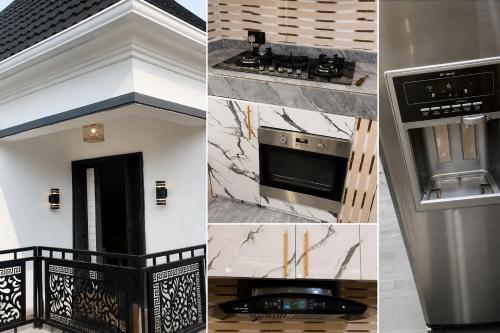 a collage of pictures of a kitchen with a stove at Seychelles Bella House in Mahe