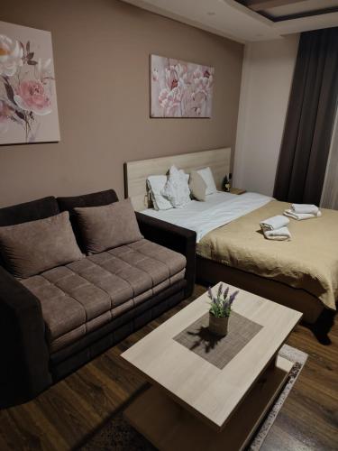 a living room with a couch and a bed at Milmari Kopaonik in Kopaonik