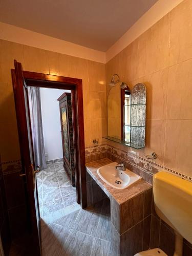 a bathroom with a sink and a mirror at La umbra nucului bătrân in Ghimbav