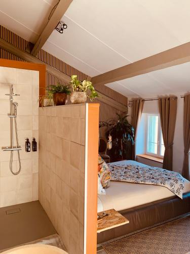 a bedroom with a king sized bed and a shower at Moulin Lombard B&B Chambre et table d Hôtes Massages & Bien-être in Les Arcs sur Argens
