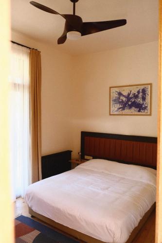 a bedroom with a bed with a ceiling fan at Racha Roots Boutique House in Ambrolauri