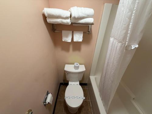 a bathroom with a white toilet and towels at Americas Best Value Inn Eugene in Eugene