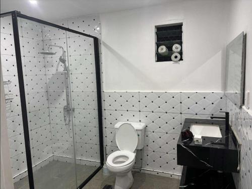 a bathroom with a toilet and a glass shower at NiNo in Vaitele