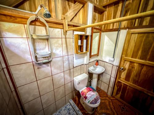 a small bathroom with a toilet and a sink at Casa Chilamate in Puerto Jiménez