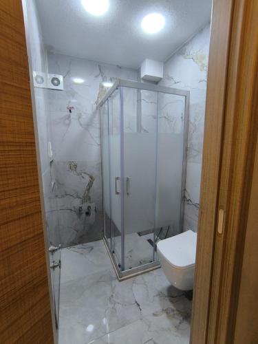 a bathroom with a shower and a toilet at Vizyon Konak in Burhaniye