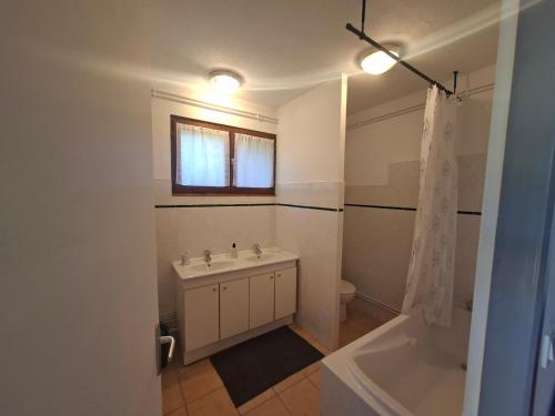 a bathroom with a sink and a tub and a toilet at Gîtes proche lac de chalain in Montigny-sur-lʼAin