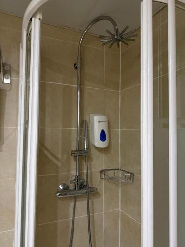 a shower with a shower head in a bathroom at Hostal Los Coronales in Madrid