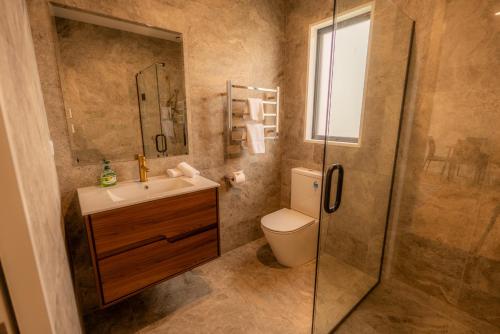 a bathroom with a toilet and a sink and a shower at Heavenly Hideaway, House B in Twizel