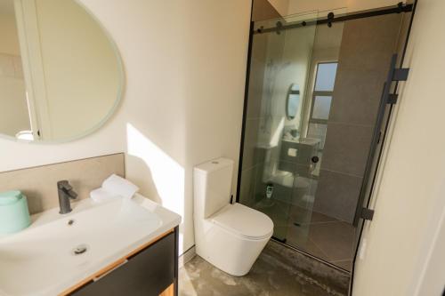 a bathroom with a toilet and a glass shower at Ben Ohau Views The Studio in Twizel