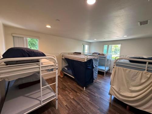 a room with three bunk beds in it at VWM Hostel in Los Angeles