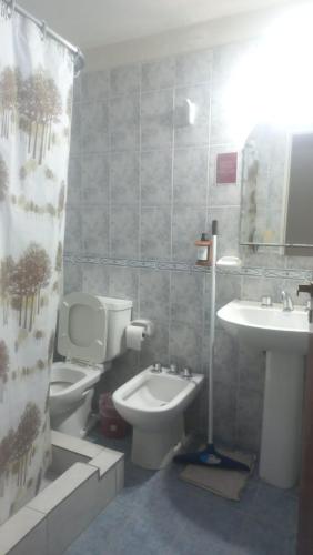 a bathroom with a toilet and a sink and a shower at Hostería Amancay in Merlo