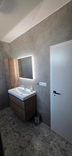 a bathroom with a sink and a mirror at Apartmán Hrdličky Trenčín in Trenčín