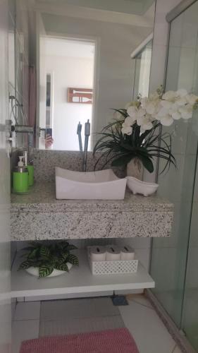 a bathroom counter with a sink and a mirror at Ap aluguel no Guaibim in Guaibim