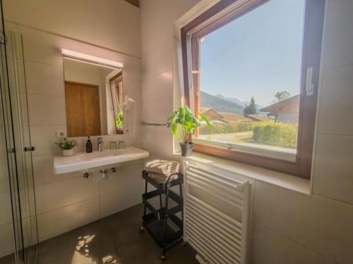 a bathroom with a sink and a window at Auen 53 in Lake Pressegg