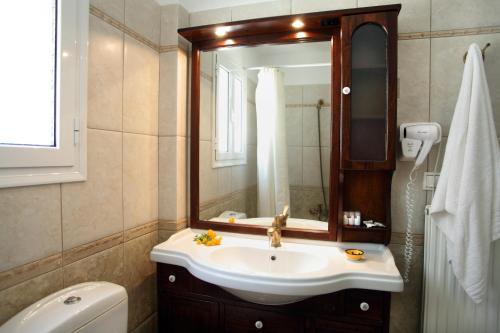 a bathroom with a sink and a mirror and a toilet at Liogerma Villas in Agios Nikitas