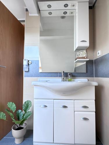 a bathroom with a white sink and a mirror at Suite House - Magnolia - Oak - Sage in Bayreuth