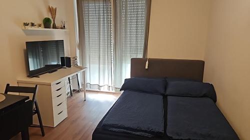a bedroom with a bed and a desk with a television at Imperial Baths Boutique Studio in Trier