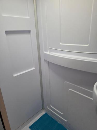 a white refrigerator with a door and a blue rug at Luxury Caravan at 10 in Oakleigh