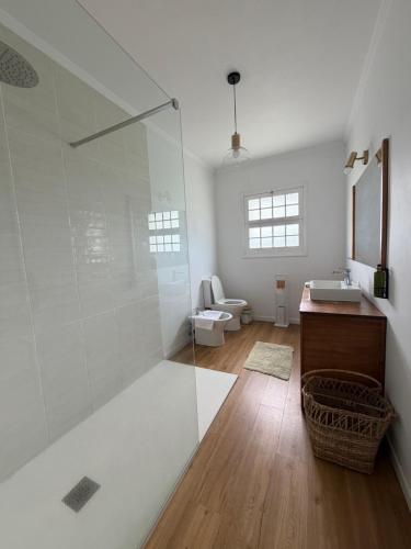 a bathroom with a shower and a sink and a toilet at Hydrangea House in Água de Pau