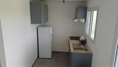 a small kitchen with a refrigerator and a sink at Maya Dream in Morne Blanc