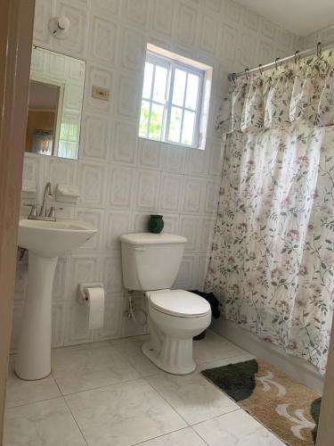 a white bathroom with a toilet and a sink at The Cozy Haven Bed and Breakfast in Montego Bay