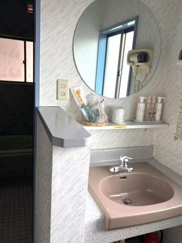 a bathroom with a sink and a mirror at ホテルＪoＪo in Ikaho