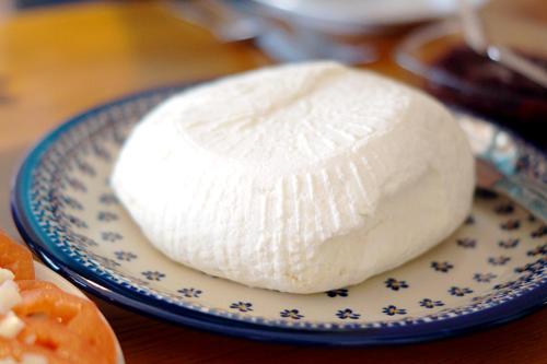a piece of cheese on a blue and white plate at Dylewianka in Wysoka Wieś