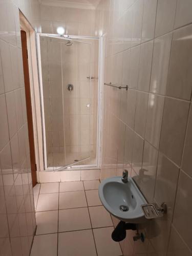 a bathroom with a shower and a sink at Pleasant Field Bed And Breakfast in Gaborone