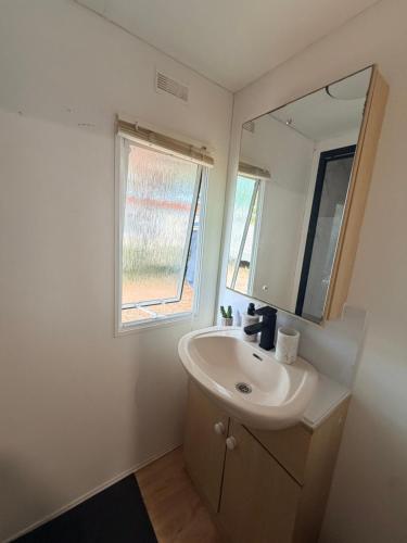 a bathroom with a sink and a mirror at Mobile Home WT 1906 in Saint-Pierre-dʼOléron
