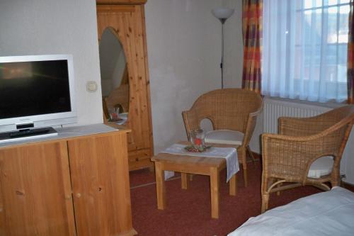 a room with a tv and chairs and a bed at Gasthof zum Döhlerwald in Klingenthal