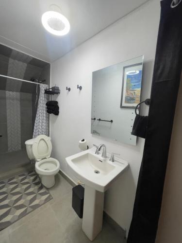 a bathroom with a toilet and a sink at Olas de San Marino in Harry Manzo