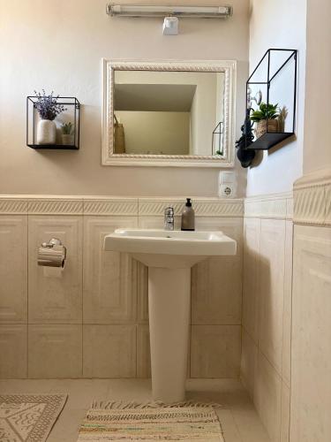 a bathroom with a sink and a mirror at Pensiunea Casa Veche in Palanca