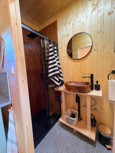 a bathroom with a sink and a mirror at TINY Klíny in Klíny