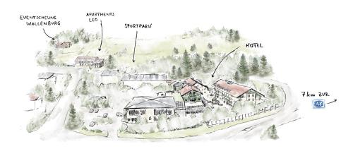 a drawing of a house in the mountains at Hotel Bayerischer Hof Miesbach, BW Premier Collection in Miesbach