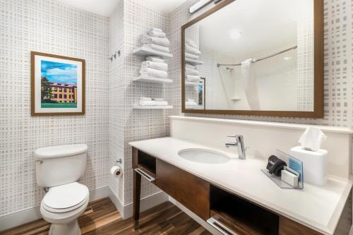a bathroom with a toilet and a sink and a mirror at Hampton Inn Carbondale in Carbondale
