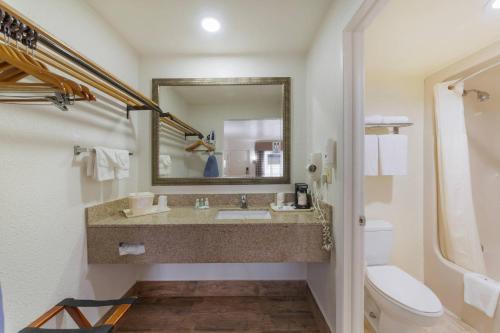 a bathroom with a sink and a mirror and a toilet at Quality Inn Florida City - Gateway to the Keys in Florida City