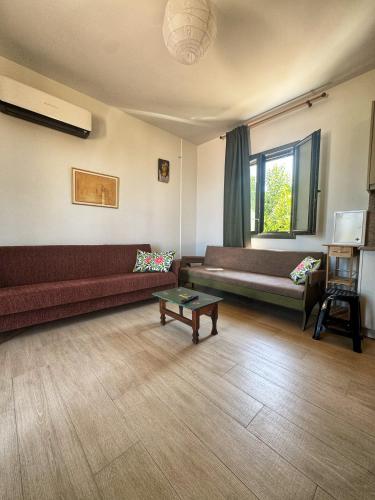 a living room with a couch and a table at Maria's Seafront Villa in Loutra Edipsou