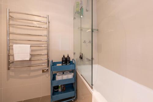 a bathroom with a shower and a blue shelf at Blackheath Nook in Blackheath